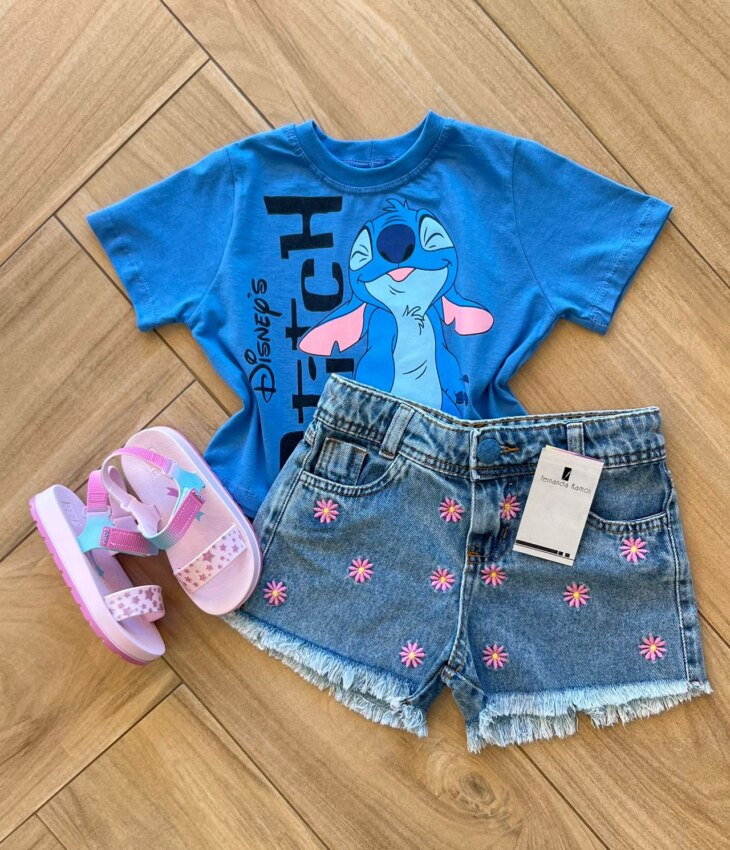 Blusa Cropped Infantil Feminino Stitch Azul Fernanda ramos kids