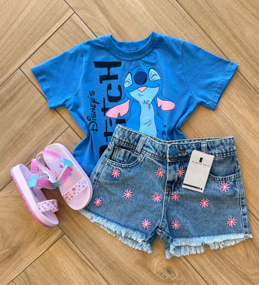 Blusa Cropped Infantil Feminino Stitch Azul Fernanda ramos kids