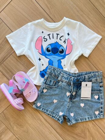 Blusa Cropped Infantil Feminino Stitch Branco Fernanda ramos kids