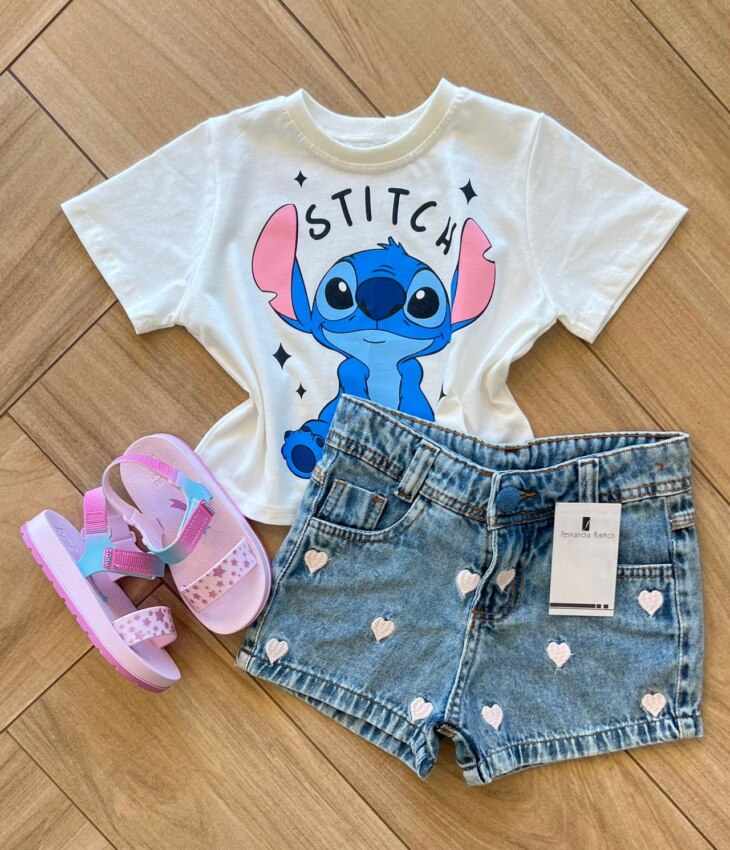 Blusa Cropped Infantil Feminino Stitch Branco Fernanda ramos kids