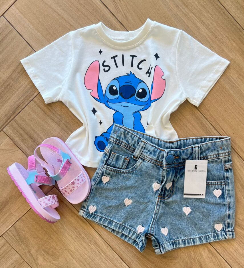 Blusa Cropped Infantil Feminino Stitch Branco Fernanda ramos kids