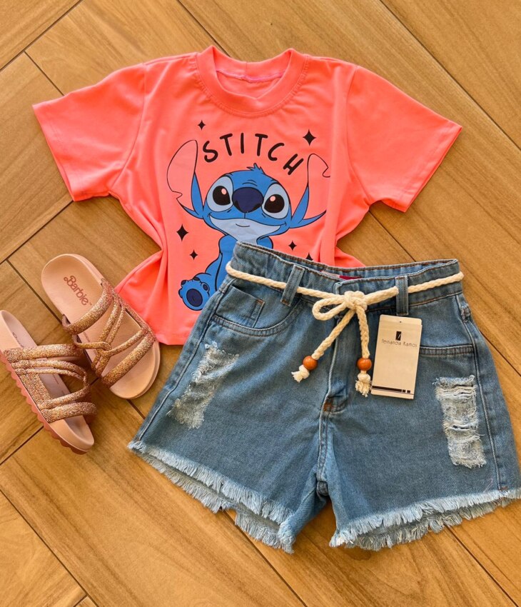 Blusa Cropped Infantil Feminino Stitch Rosa Fernanda ramos kids