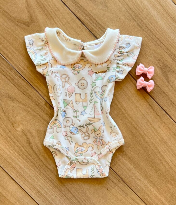 Body Infantil Feminino Manga Curta Suedine com Gola Estampado Fernanda Ramos Kids