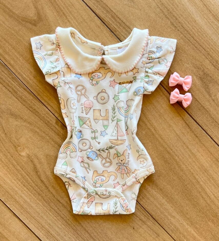 Body Infantil Feminino Manga Curta Suedine com Gola Estampado Fernanda Ramos Kids