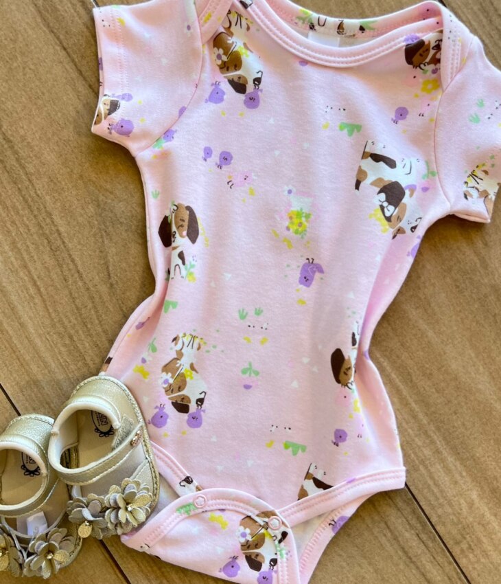 fernandaramoskids com br Body Infantil Feminino Manga Curta Suedine Estampa Cachorrinho Rosa1
