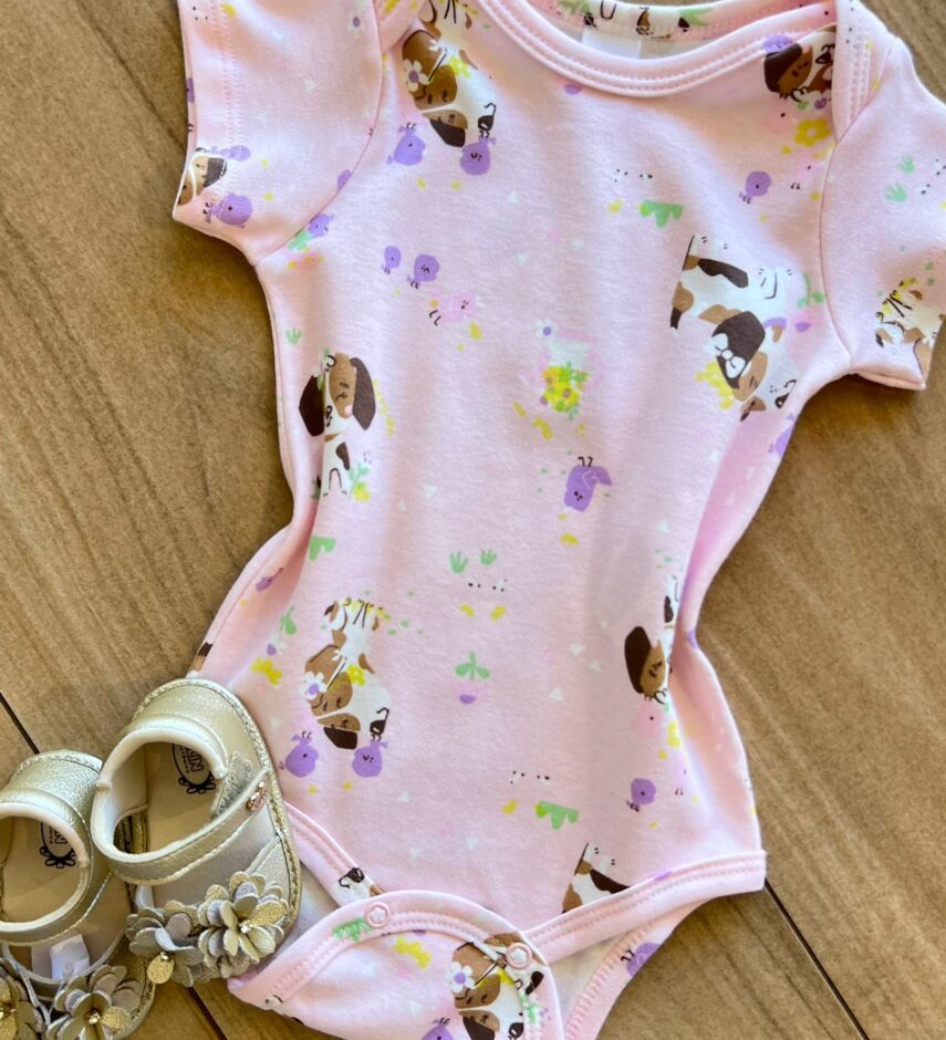 fernandaramoskids com br Body Infantil Feminino Manga Curta Suedine Estampa Cachorrinho Rosa1