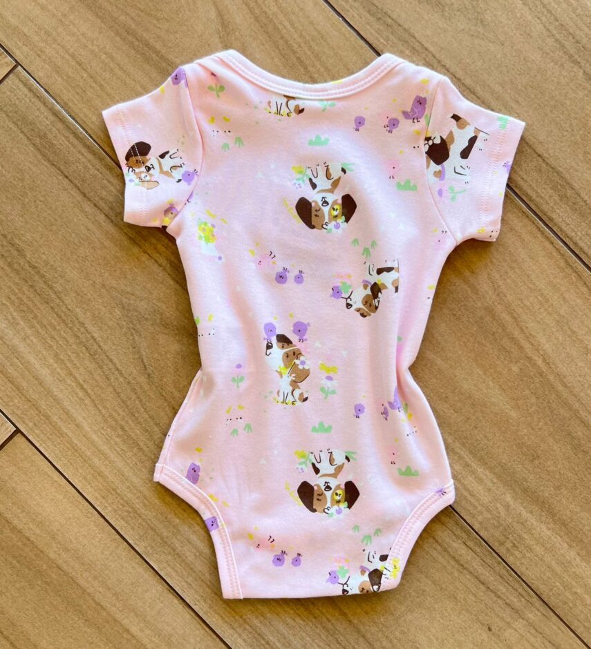 fernandaramoskids com br Body Infantil Feminino Manga Curta Suedine Estampa Cachorrinho Rosa2