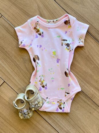 Body Infantil Feminino Manga Curta Suedine Estampa Cachorrinho Rosa Fernanda Ramos Kids