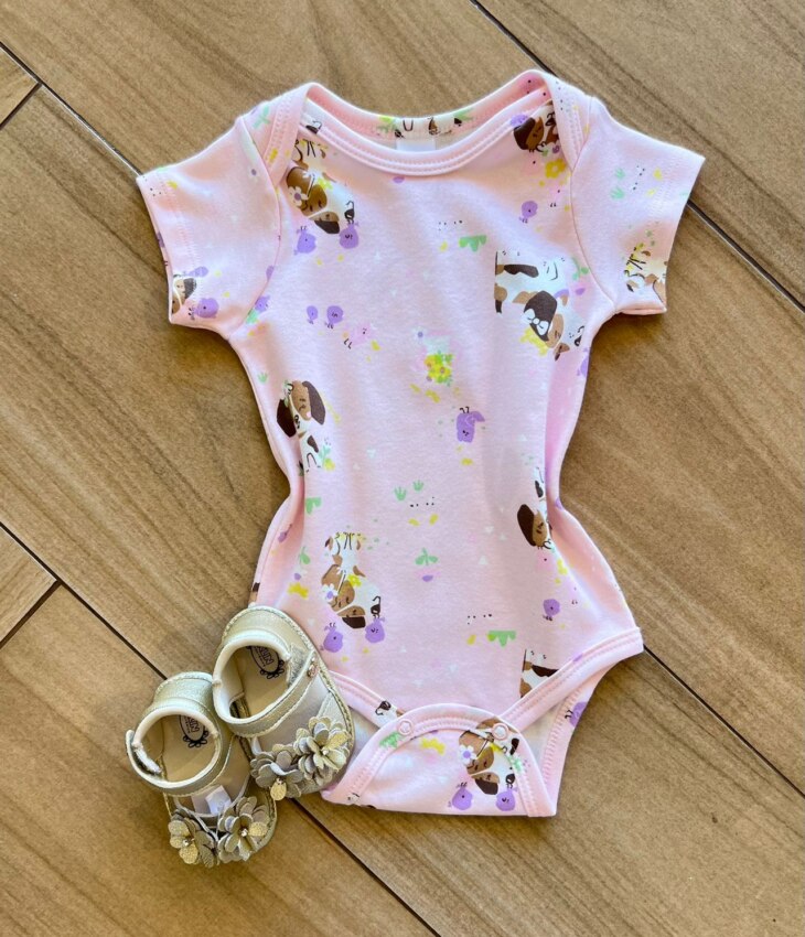 Body Infantil Feminino Manga Curta Suedine Estampa Cachorrinho Rosa Fernanda Ramos Kids