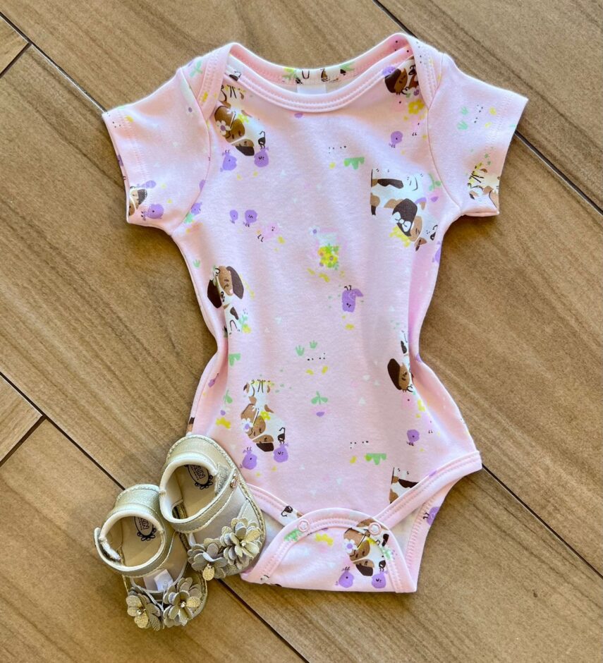 Body Infantil Feminino Manga Curta Suedine Estampa Cachorrinho Rosa Fernanda Ramos Kids