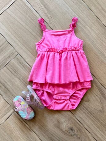Body Infantil Feminino Rosa com Babado Alça Flor Fernanda Ramos Kids