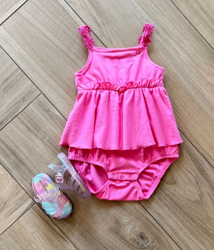 Body Infantil Feminino Rosa com Babado Alça Flor Fernanda Ramos Kids
