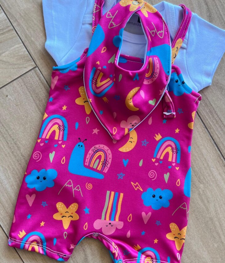 fernandaramoskids com br Conjunto Infantil Feminino 3 Peças Body e Jardineira e Babador 1