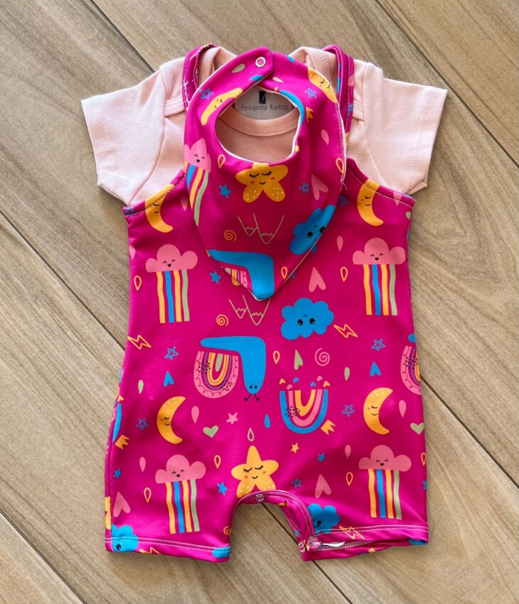 Conjunto Infantil Feminino 3 Peças Body e Jardineira e Babador Fernanda Ramos Kids