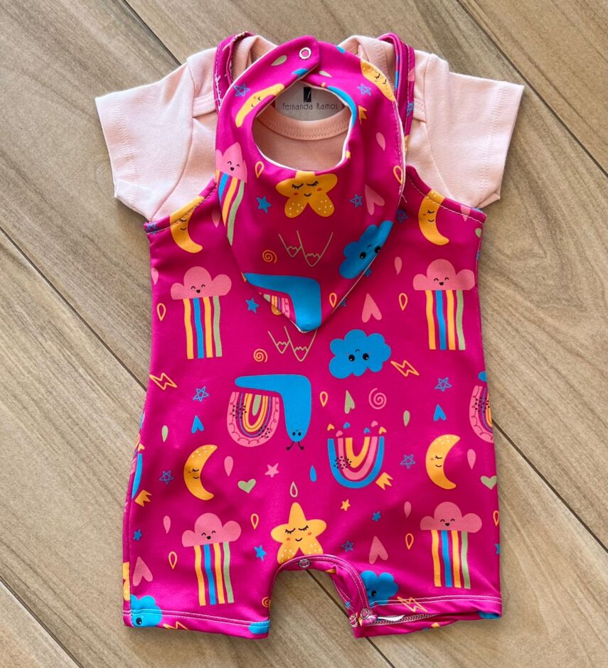 Conjunto Infantil Feminino 3 Peças Body e Jardineira e Babador Fernanda Ramos Kids
