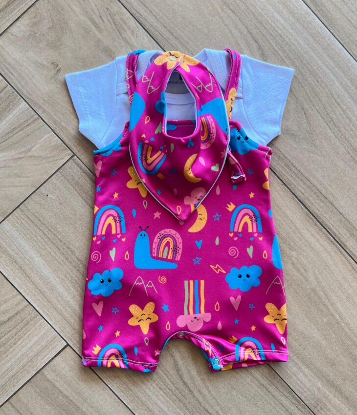 Conjunto Infantil Feminino 3 Peças Body e Jardineira e Babador Fernanda Ramos Kids