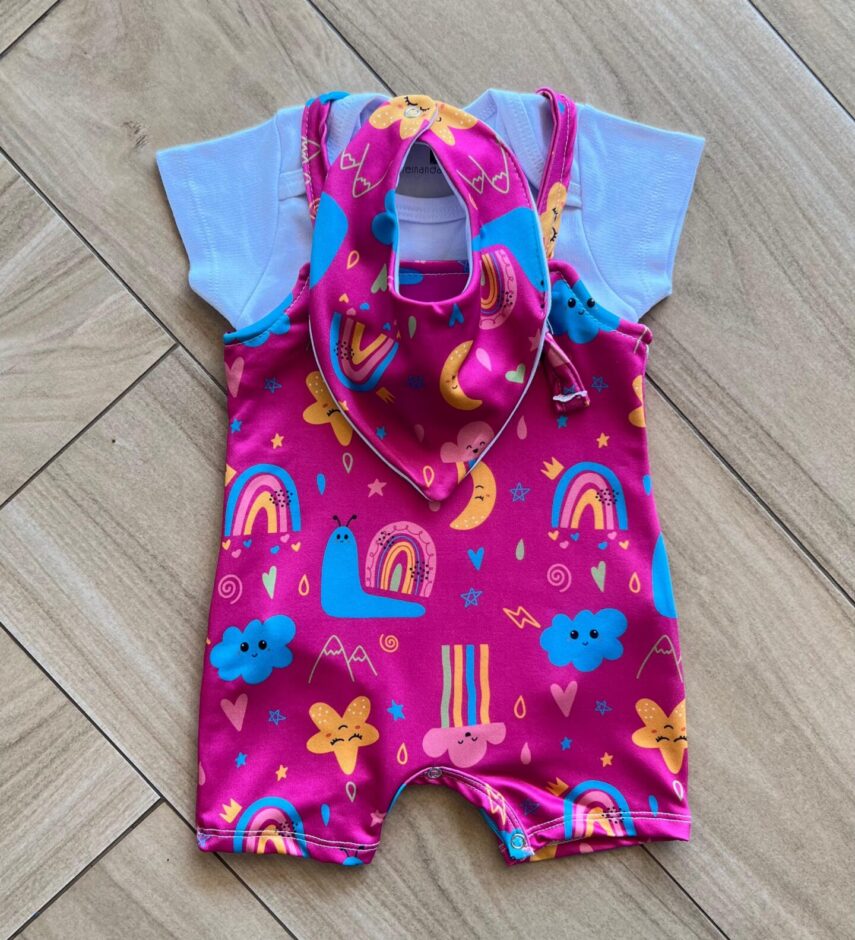 Conjunto Infantil Feminino 3 Peças Body e Jardineira e Babador Fernanda Ramos Kids