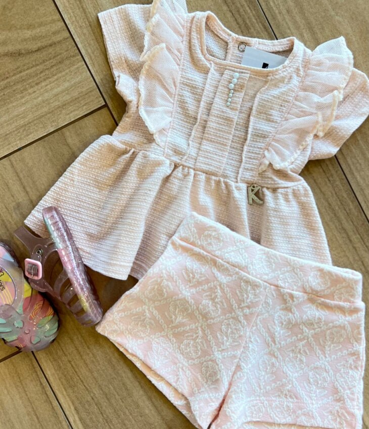 fernandaramoskids com br Conjunto Infantil Feminino Bata Detalhe Perola e Short Bordado Rosa1