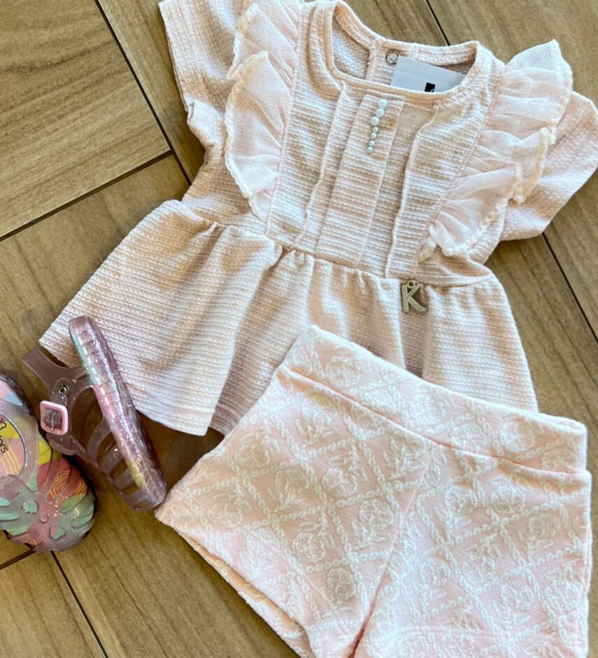 fernandaramoskids com br Conjunto Infantil Feminino Bata Detalhe Perola e Short Bordado Rosa1