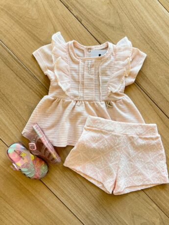 Conjunto Infantil Feminino Bata Detalhe Perola e Short Bordado Rosa Fernanda Ramos Kids