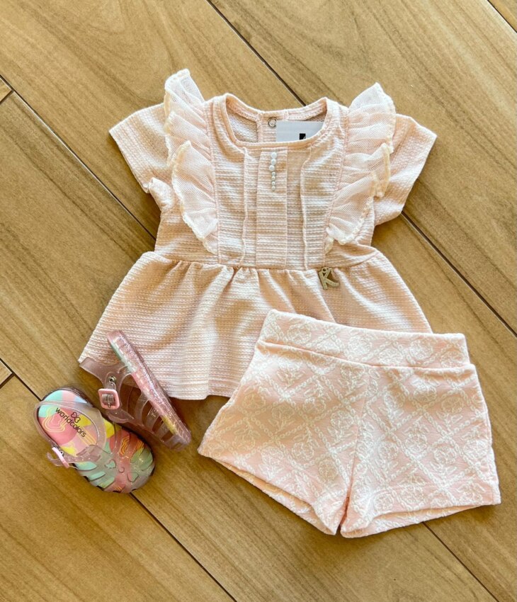 Conjunto Infantil Feminino Bata Detalhe Perola e Short Bordado Rosa Fernanda Ramos Kids