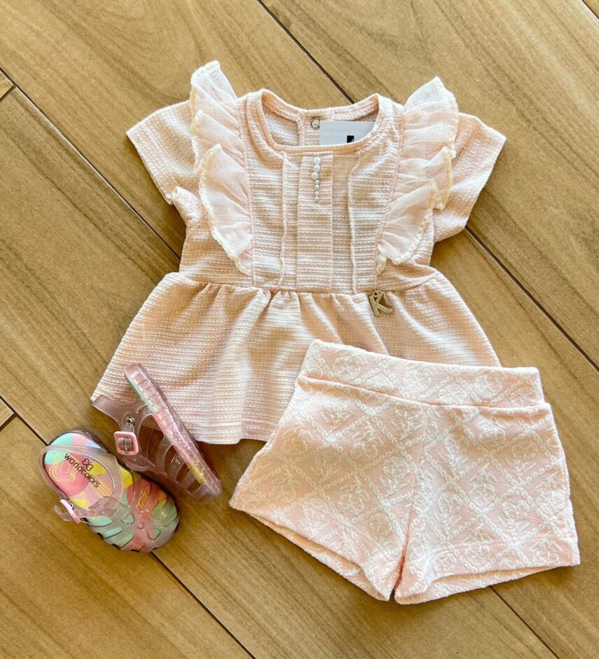 Conjunto Infantil Feminino Bata Detalhe Perola e Short Bordado Rosa Fernanda Ramos Kids