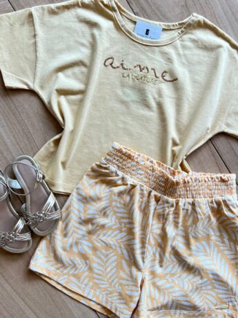 fernandaramoskids com br Conjunto Infantil Feminino Blusa Aime e Short Amarelo 1