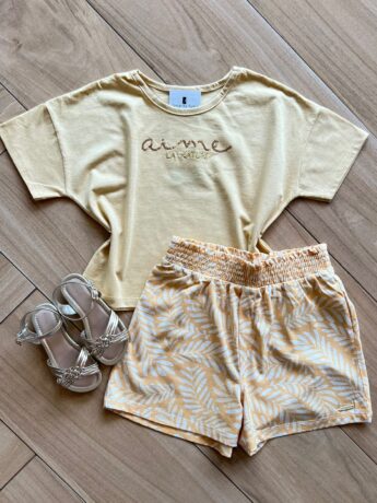 Conjunto Infantil Feminino Blusa Aime e Short Amarelo Fernanda Ramos Kids