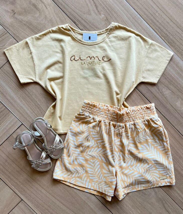 Conjunto Infantil Feminino Blusa Aime e Short Amarelo Fernanda Ramos Kids