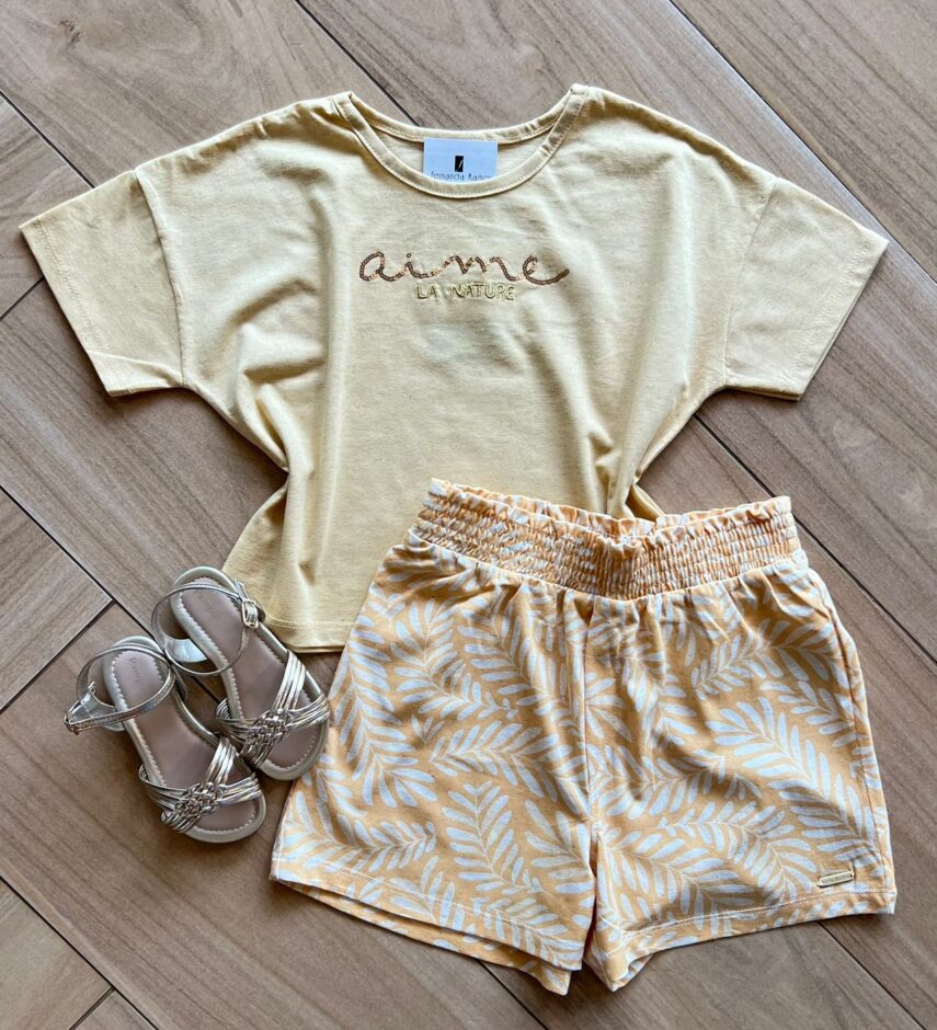 Conjunto Infantil Feminino Blusa Aime e Short Amarelo Fernanda Ramos Kids