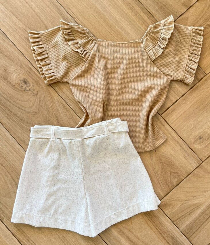 fernandaramoskids com br Conjunto Infantil Feminino Blusa Babado na Manga e Short Cru2