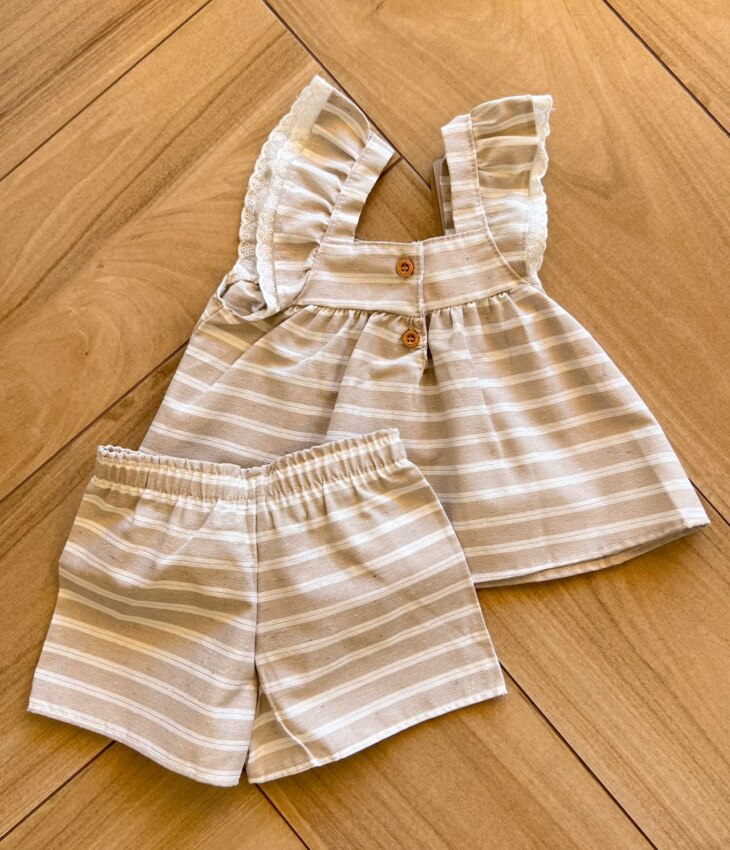 Conjunto Infantil Feminino Blusa Bata com Botões e Short Nude Fernanda Ramos Kids