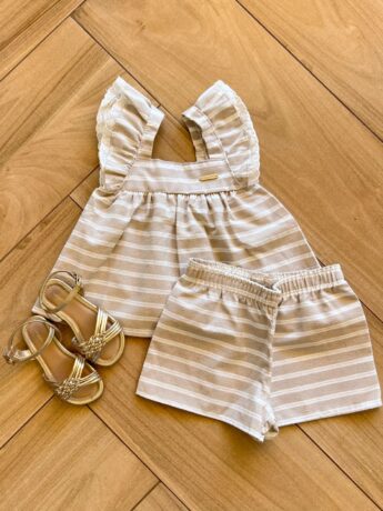Conjunto Infantil Feminino Blusa Bata com Botões e Short Nude Fernanda Ramos Kids