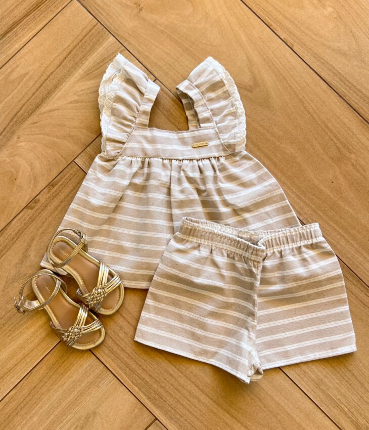 Conjunto Infantil Feminino Blusa Bata com Botões e Short Nude Fernanda Ramos Kids