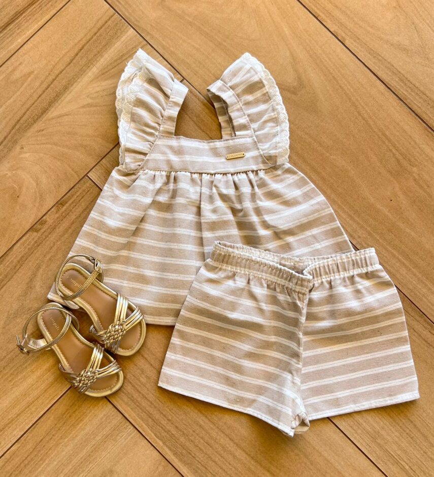 Conjunto Infantil Feminino Blusa Bata com Botões e Short Nude Fernanda Ramos Kids