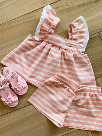 Conjunto Infantil Feminino Blusa Bata com Detalhe e Short Rosa Fernanda Ramos Kids