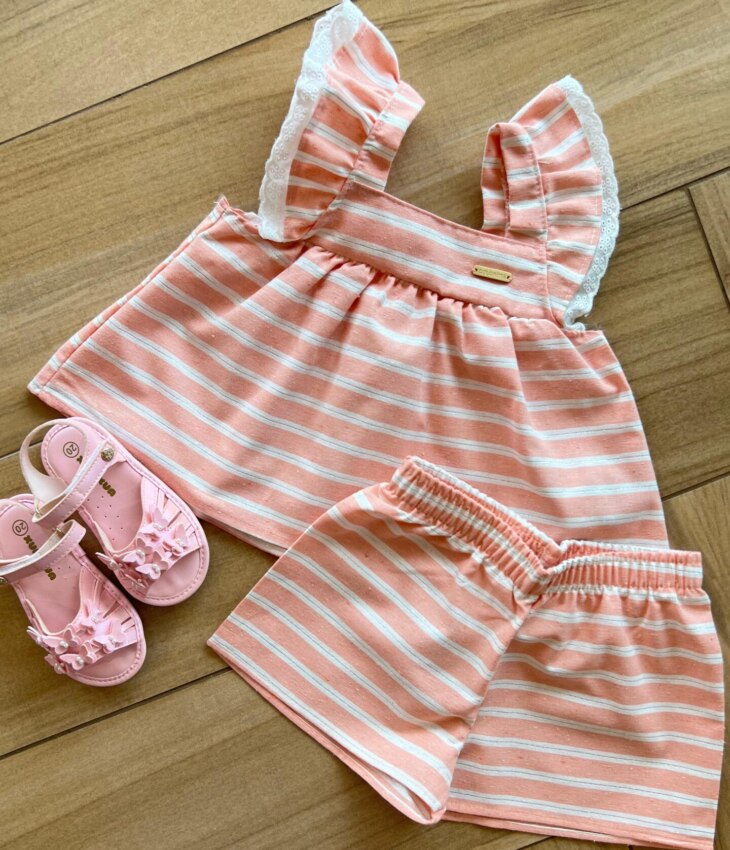 Conjunto Infantil Feminino Blusa Bata com Detalhe e Short Rosa Fernanda Ramos Kids