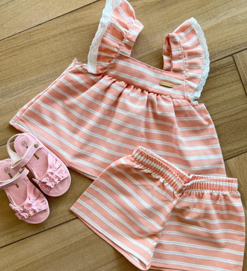Conjunto Infantil Feminino Blusa Bata com Detalhe e Short Rosa Fernanda Ramos Kids