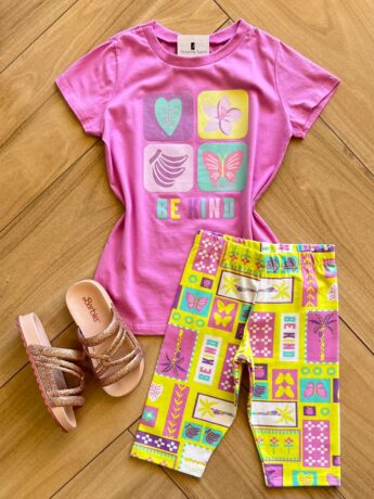 Conjunto Infantil Feminino Blusa Be Kind e Bermuda Estampada Fernanda Ramos Kids