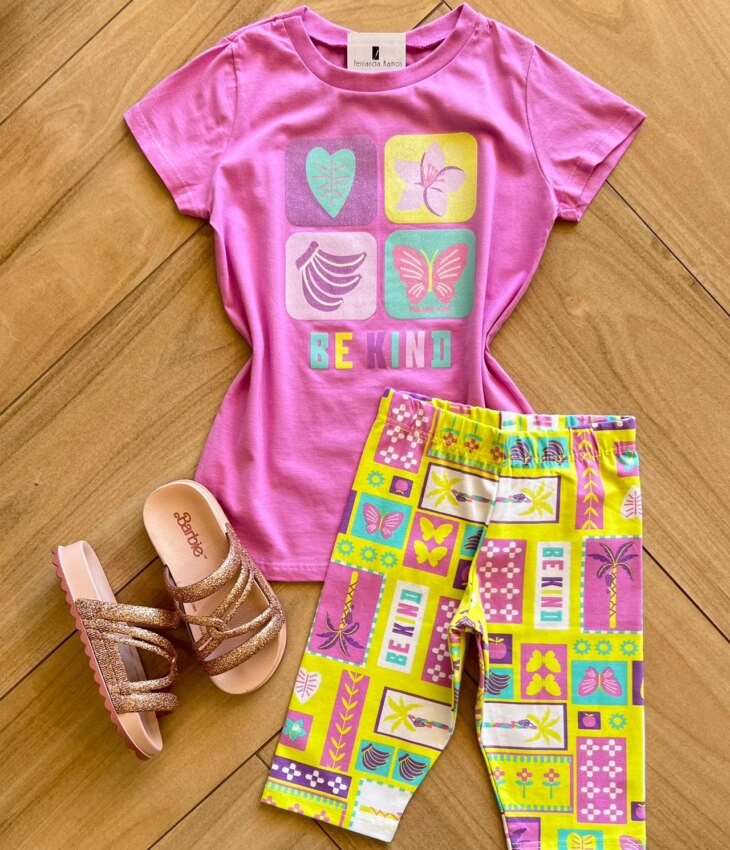 Conjunto Infantil Feminino Blusa Be Kind e Bermuda Estampada Fernanda Ramos Kids