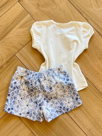 Conjunto Infantil Feminino Blusa Bordada com Flor e Short Estampado Fernanda Ramos Kids
