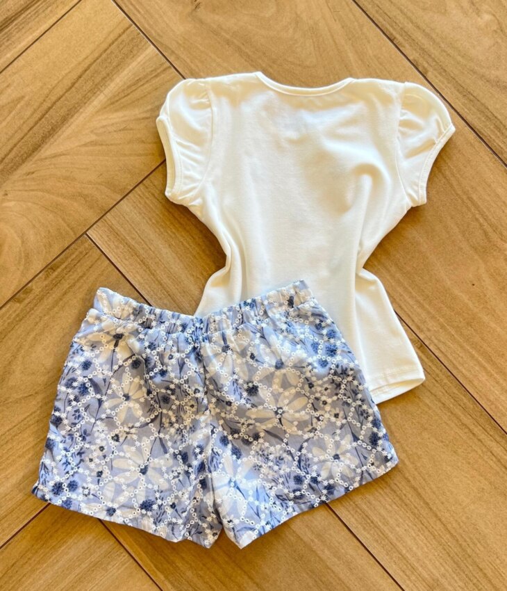 Conjunto Infantil Feminino Blusa Bordada com Flor e Short Estampado Fernanda Ramos Kids