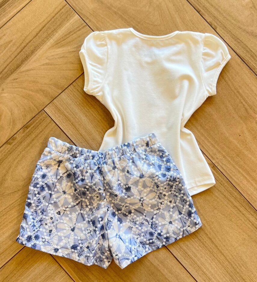 Conjunto Infantil Feminino Blusa Bordada com Flor e Short Estampado Fernanda Ramos Kids