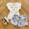 Conjunto Infantil Feminino Blusa Bordada com Flor e Short Estampado Fernanda Ramos Kids