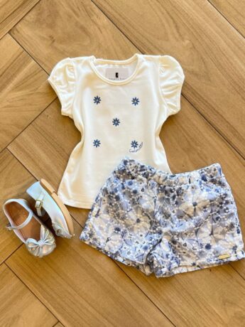 Conjunto Infantil Feminino Blusa Bordada com Flor e Short Estampado Fernanda Ramos Kids
