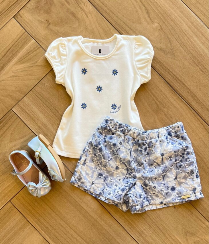 Conjunto Infantil Feminino Blusa Bordada com Flor e Short Estampado Fernanda Ramos Kids