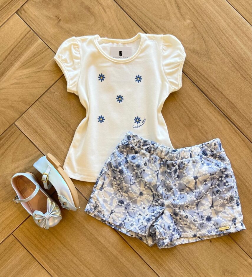 Conjunto Infantil Feminino Blusa Bordada com Flor e Short Estampado Fernanda Ramos Kids