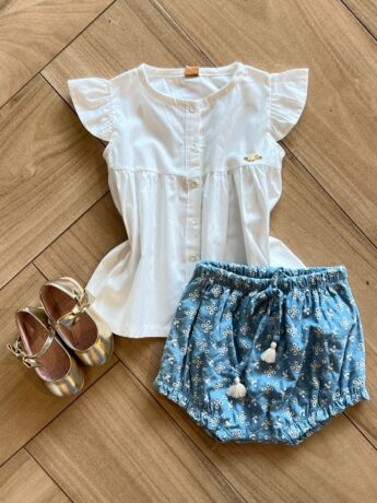 Conjunto Infantil Feminino Blusa Botões Off White e Calcinha Azul Fernanda Ramos Kids