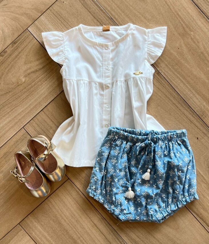 Conjunto Infantil Feminino Blusa Botões Off White e Calcinha Azul Fernanda Ramos Kids