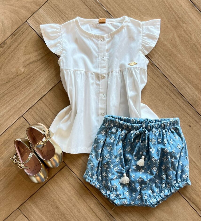 Conjunto Infantil Feminino Blusa Botões Off White e Calcinha Azul Fernanda Ramos Kids
